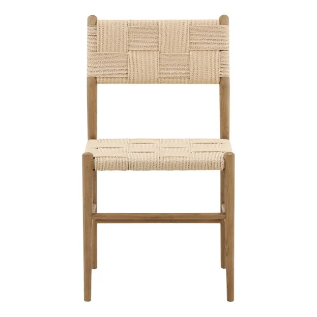 front view of a dining chair with a wood frame and woven paper cord seat and back