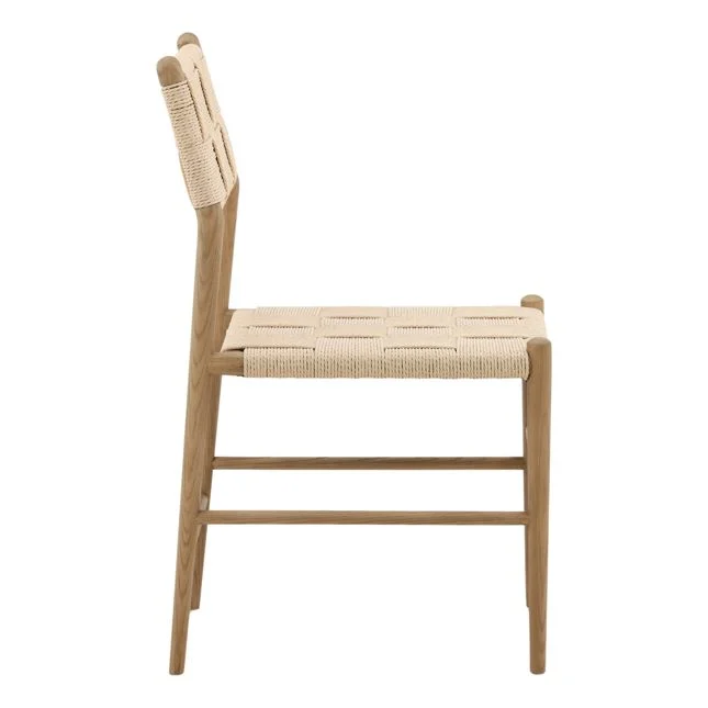 side view of a dining chair with a wood frame and woven paper cord seat and back