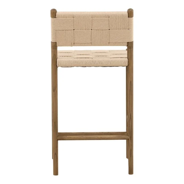 back view of a counter stool with wood frame and woven paper cord seat and back