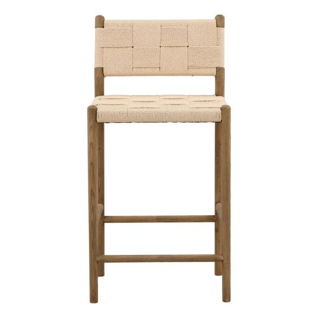 front view of a counter stool with wood frame and woven paper cord seat and back