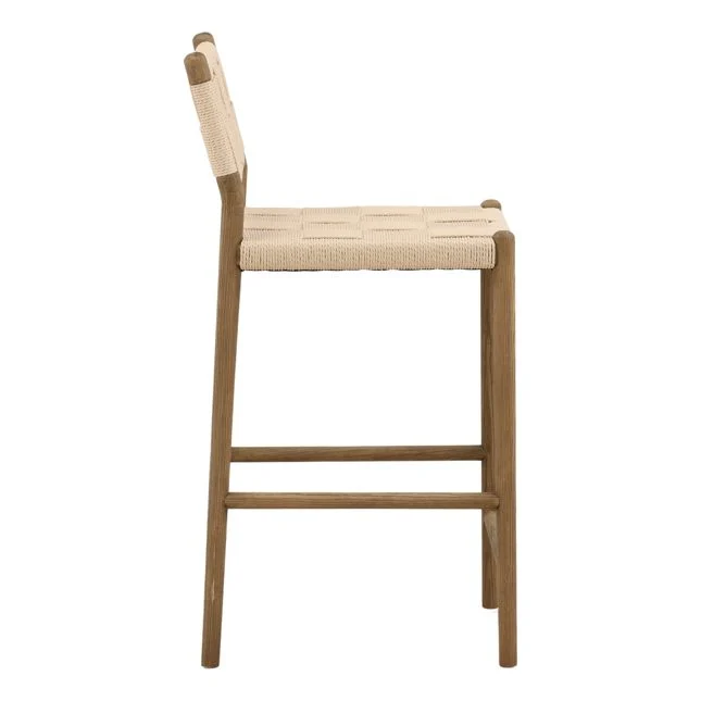 side view of a counter stool with wood frame and woven paper cord seat and back