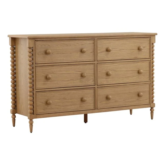 bobbin style dresser with six drawers in a natural finish