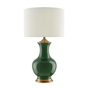 green lamp with vase like profile, off white shade, and antique brass metal accents