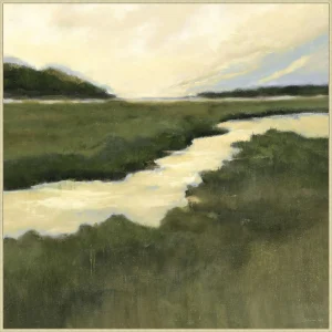 framed canvas of golden sunset over green marsh