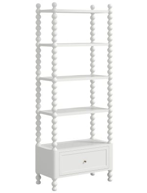 white four shelf etagere with spindle sides and a single drawer at the bottom