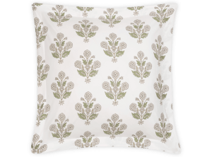 white euro sham with floral block print in muted olive green and taupe