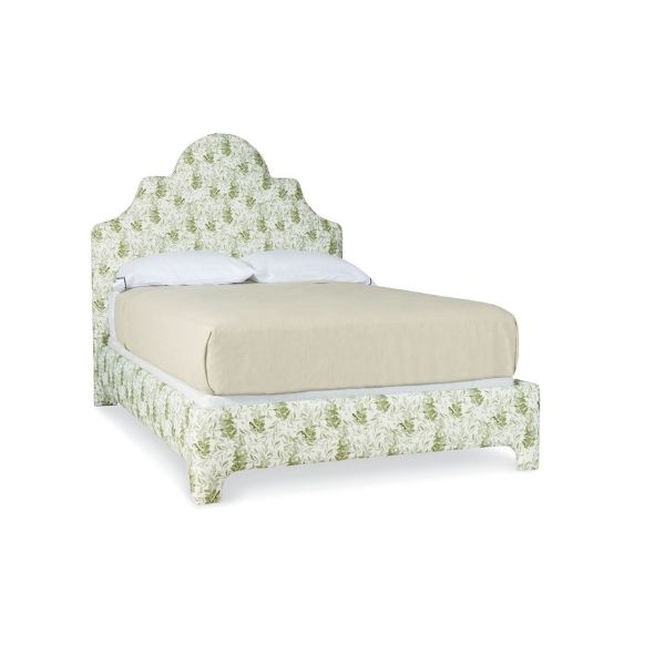 Upholstered bed frame with a curved shape and organic print