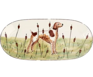 hand painted oval serving tray featuring a brown spaniel in a green field with brown cattails