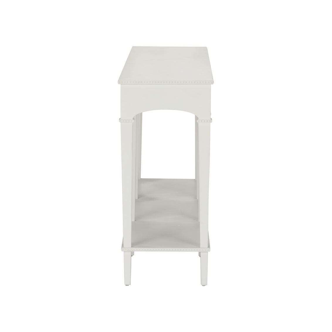 side view of white console table with subtle beaded trim