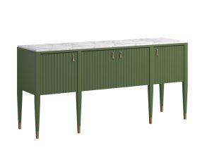 green console with a marble top, four pleated front doors, and tapered legs with brass feet