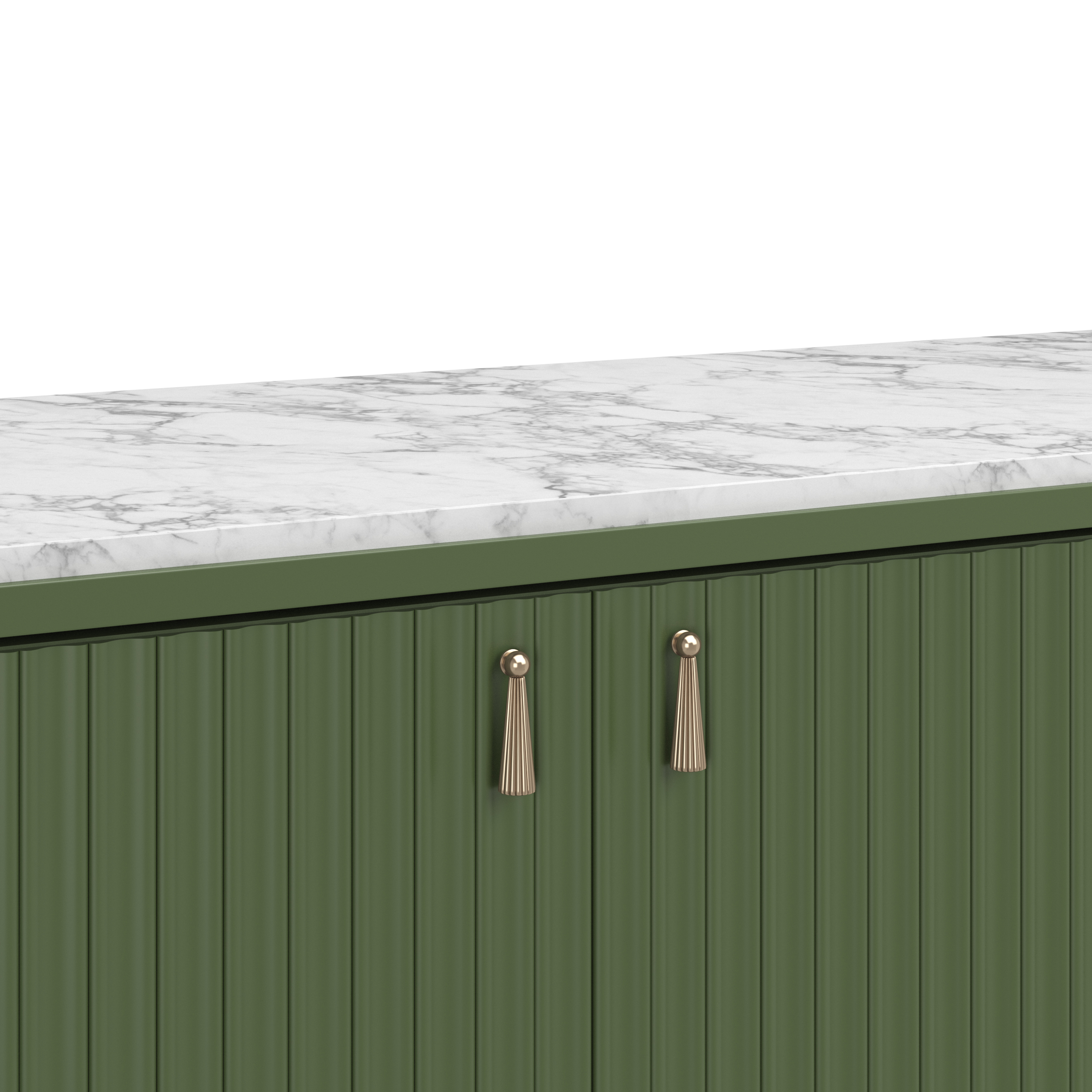 detail of a green console with a marble top, pleated doors, and brass tassel pulls