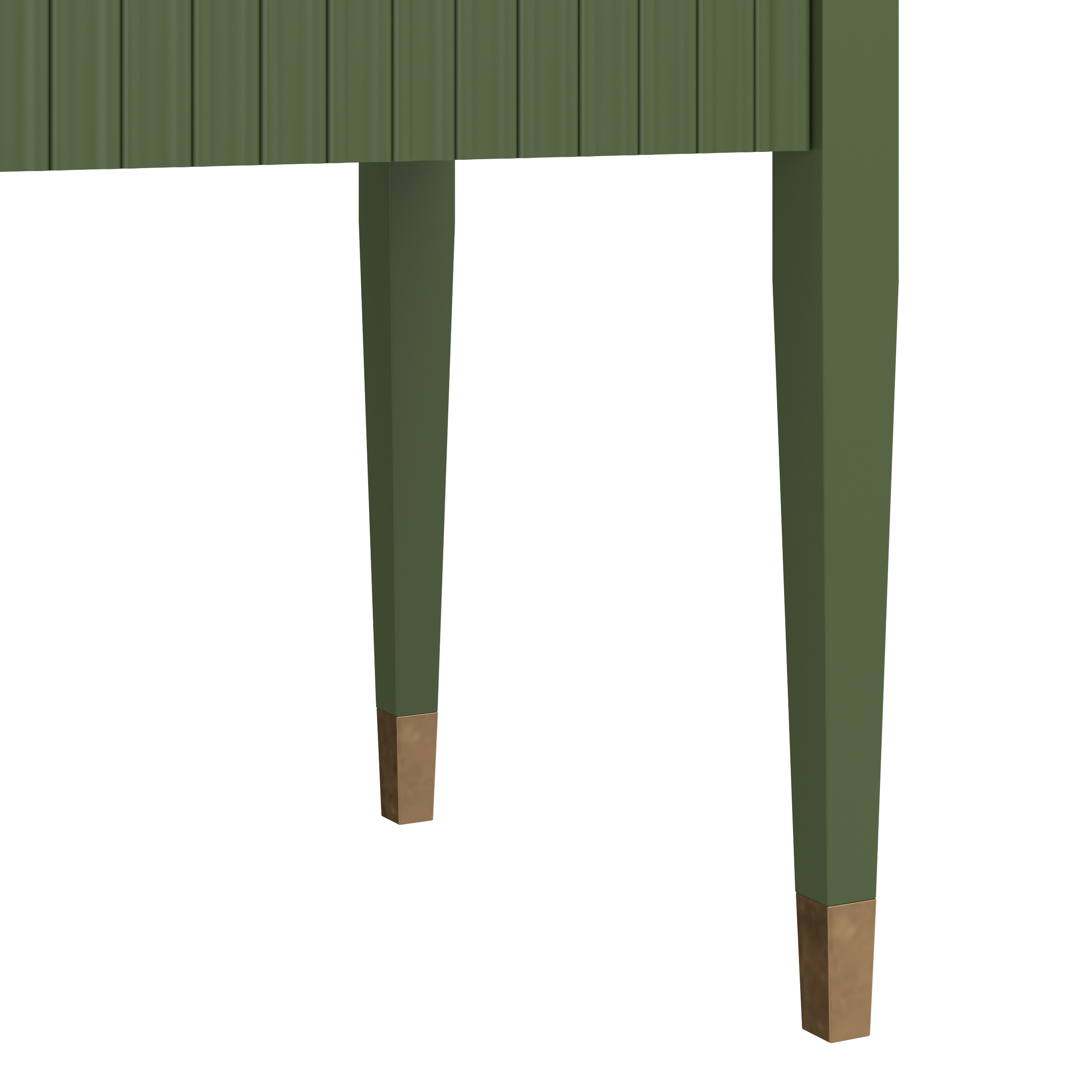 detail of tapered legs with brass feet on a green console