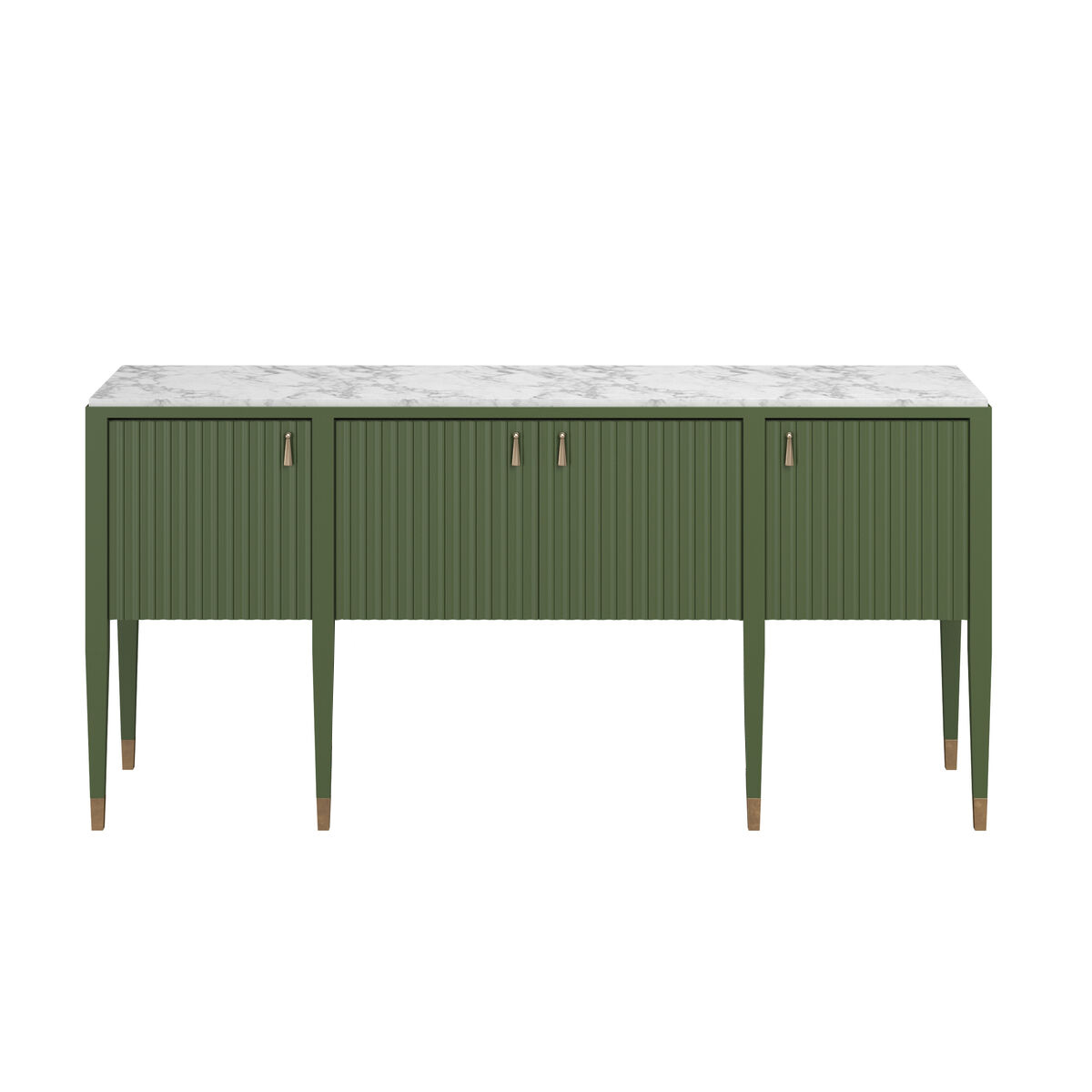 green console with a marble top, four pleated front doors, and tapered legs with brass feet