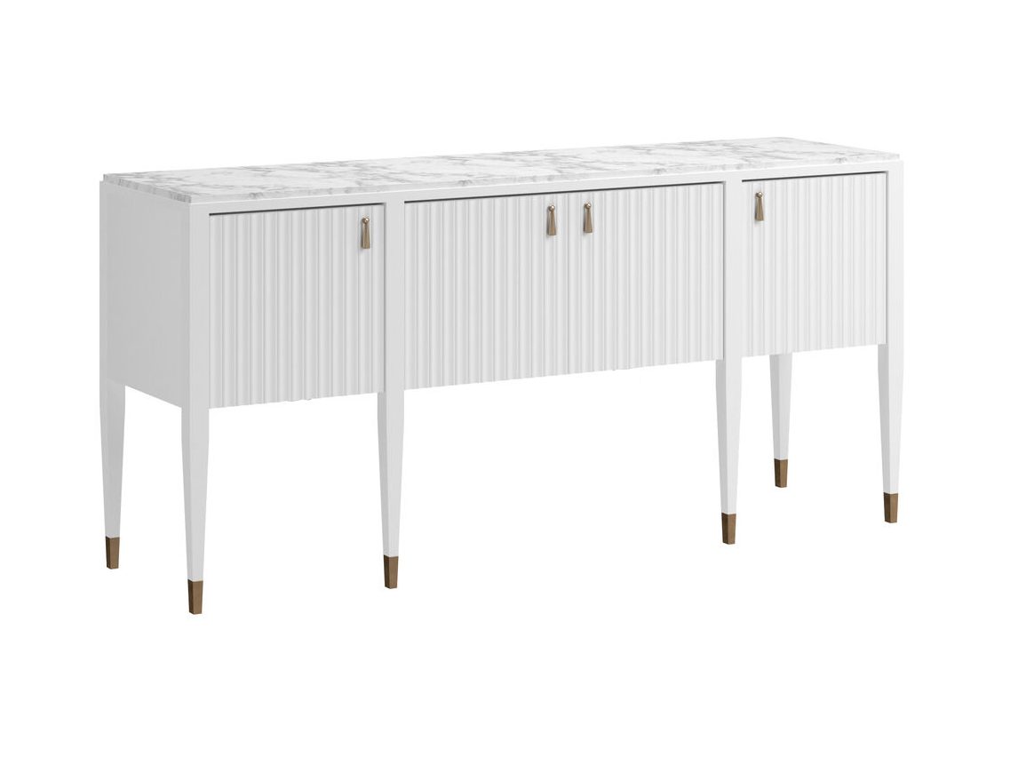 white console with a marble top, four pleated front doors, and tapered legs with brass feet