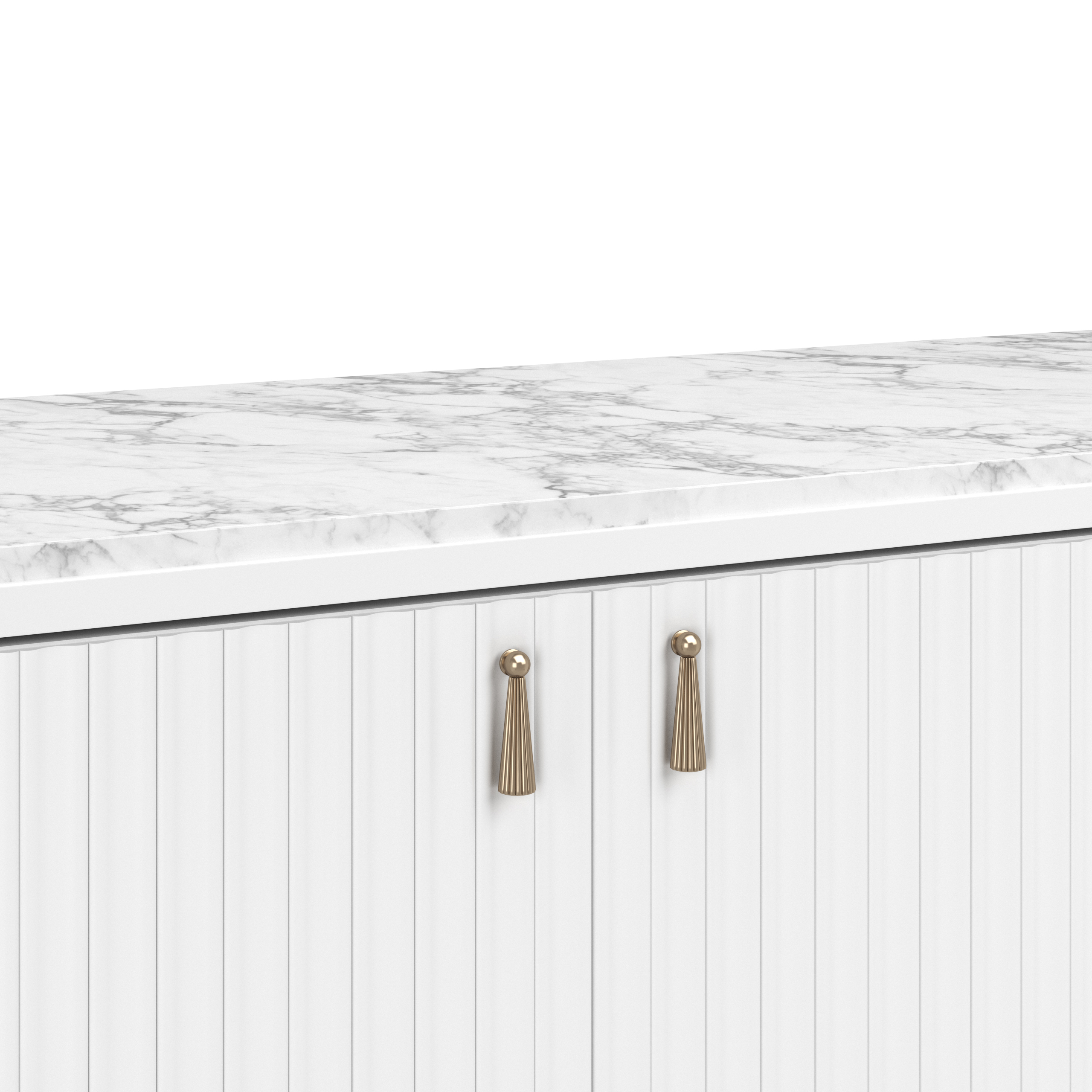 detail of a white console with a marble top, pleated doors, and brass tassel pulls