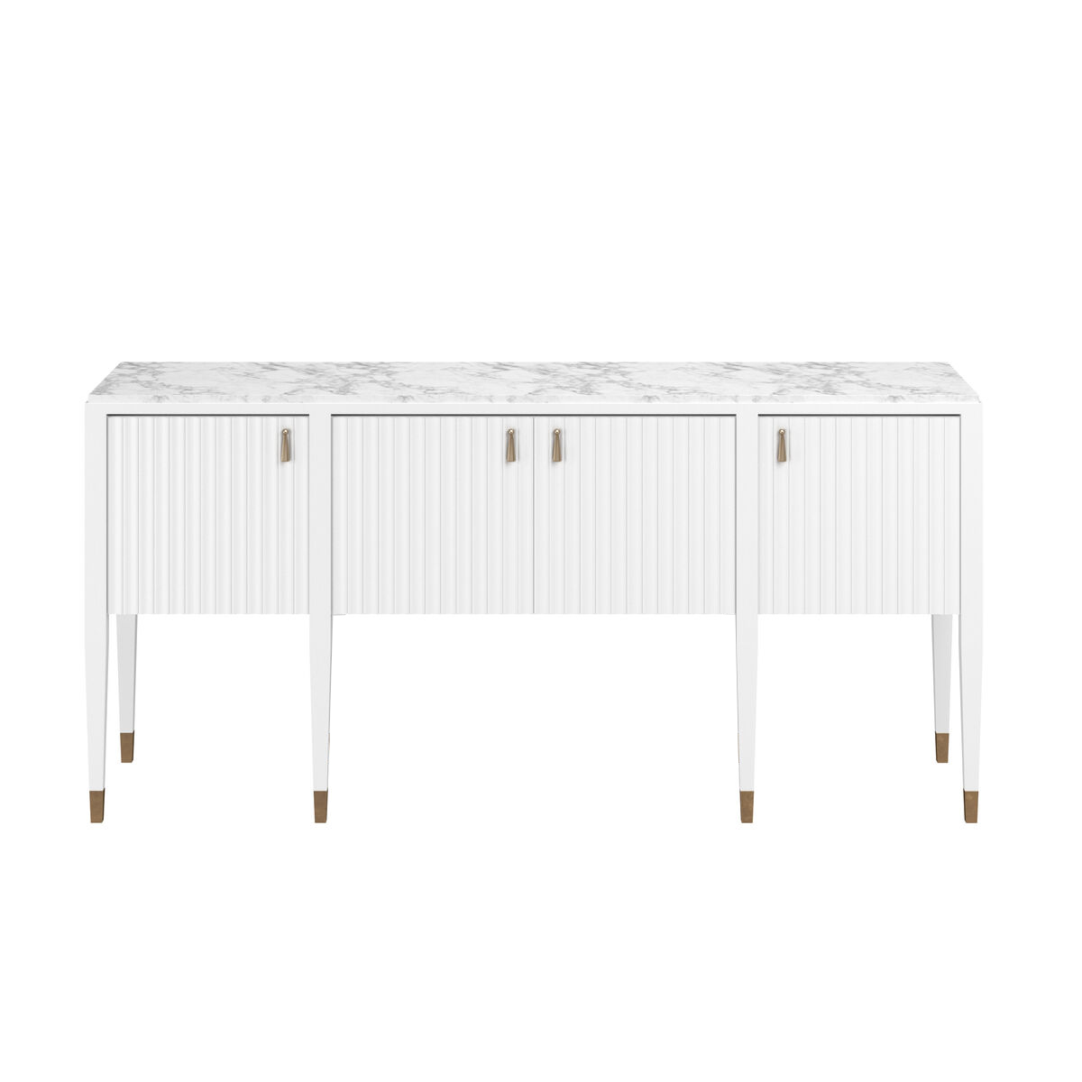 white console with a marble top, four pleated front doors, and tapered legs with brass feet