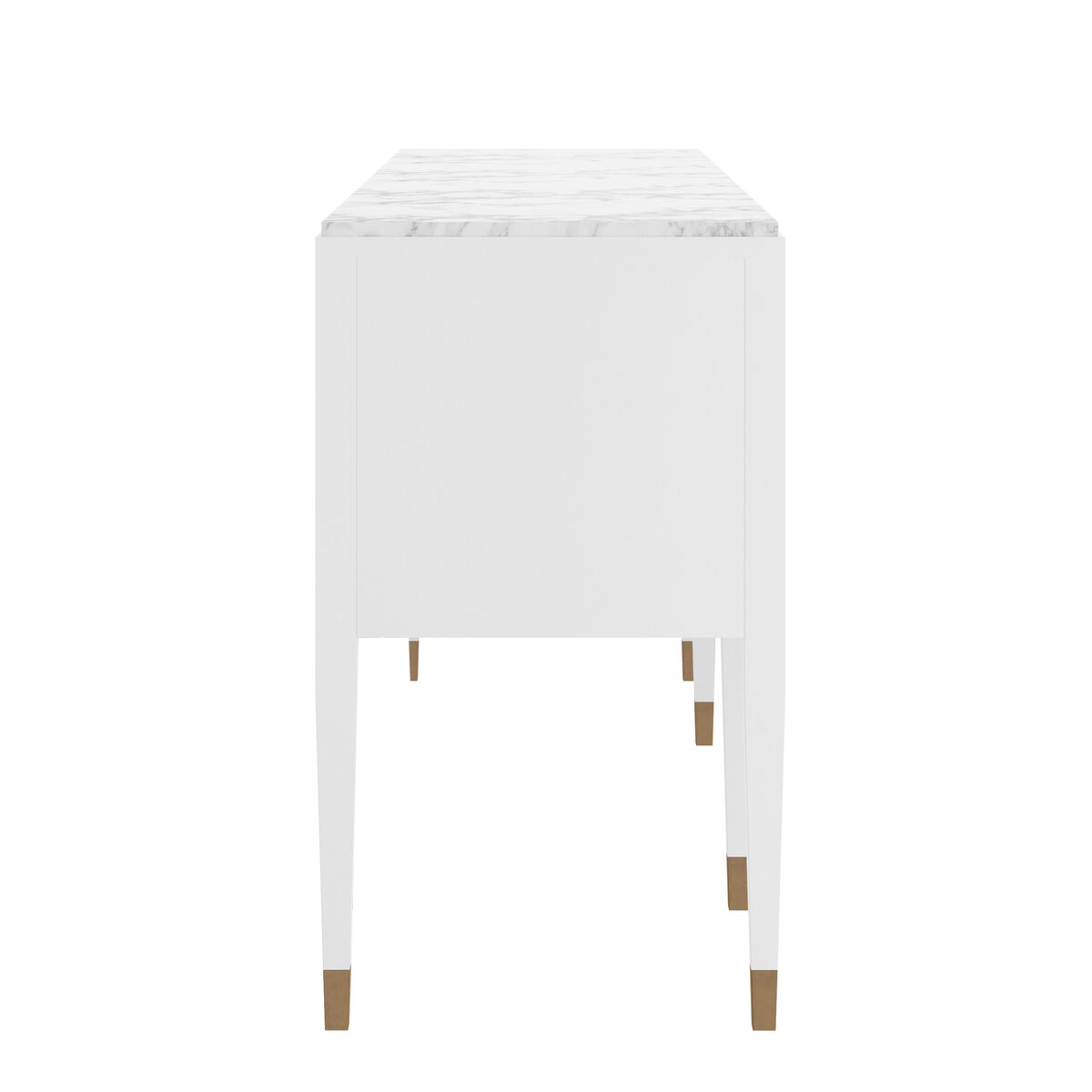 side view of white console with a marble top, slender legs, and brass feet