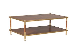 rectangular brown wood coffee table with top geometric pattern and brass accents