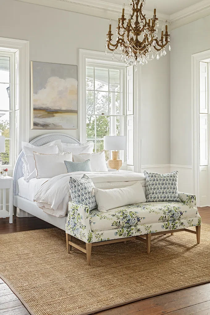 A coastal bedroom demonstrates how to style a bed with a duvet from GDC Home's bedding stores in Charleston SC