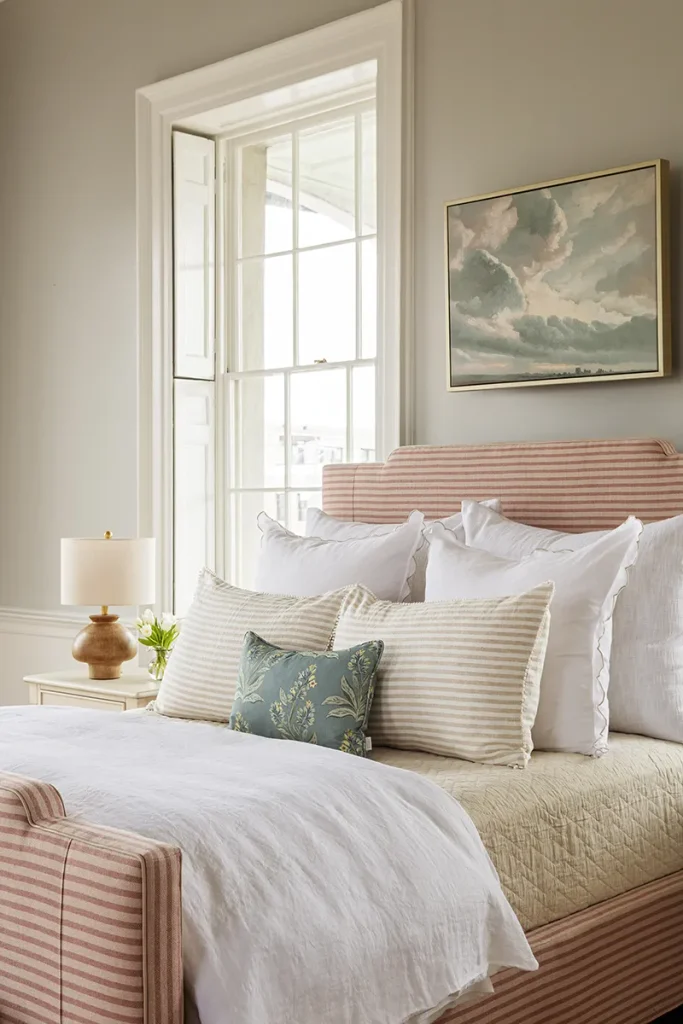 A bed styled with multiple layers of pillows from GDC Home's Mt Pleasant bedding store