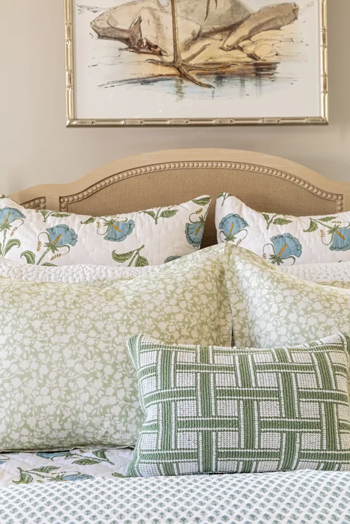 Layered bedding with different patterns, textures, and colors