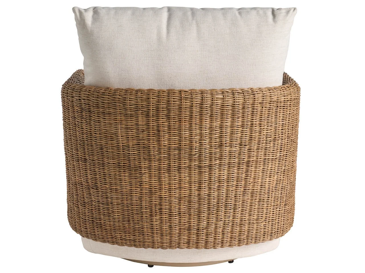 back view of a small scale swivel chair with a woven back