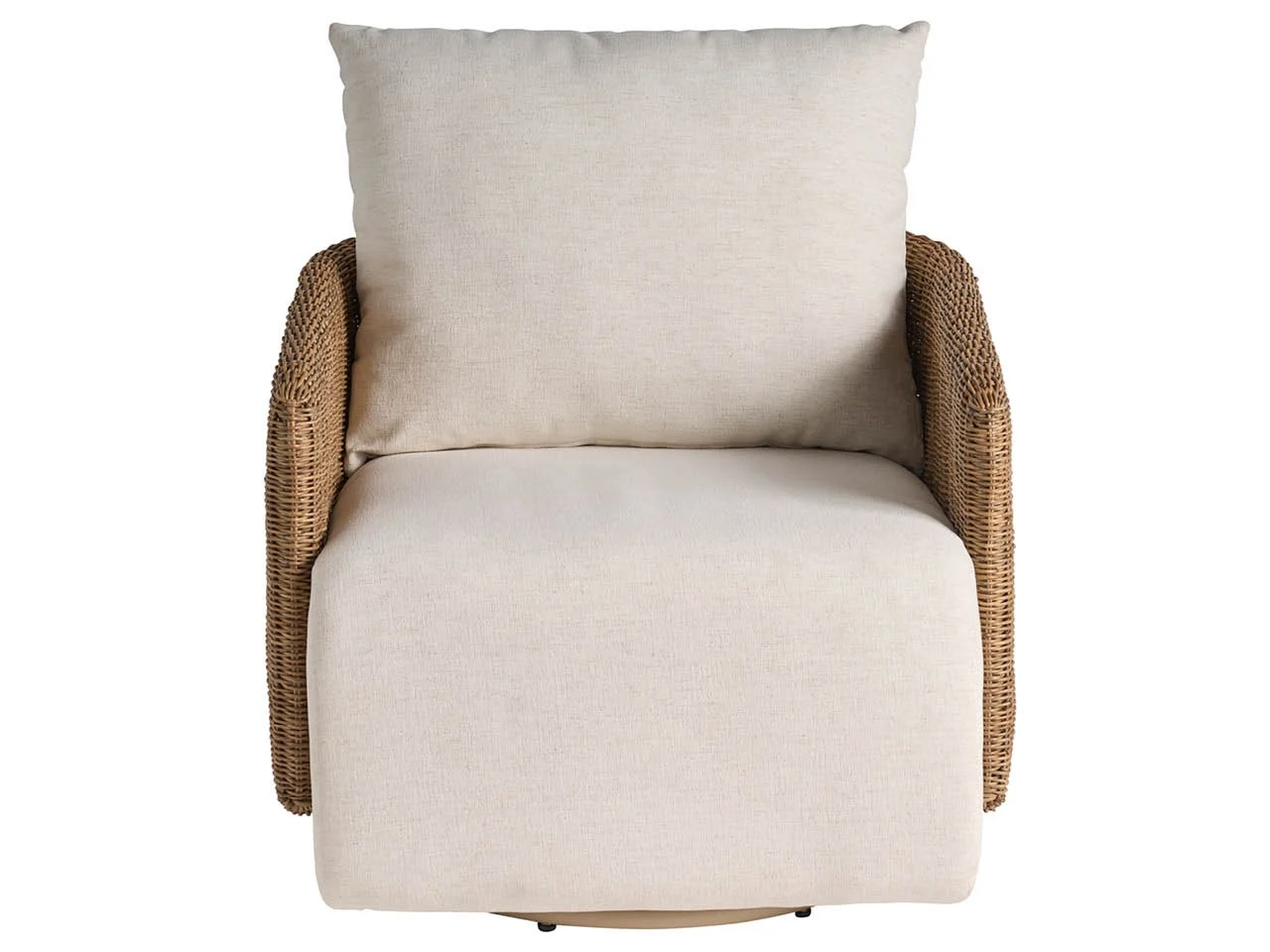 front view of a small scale swivel chair in off white fabric with slim woven arms and back