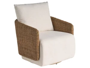 small scale swivel chair in off white fabric with slim woven arms and back