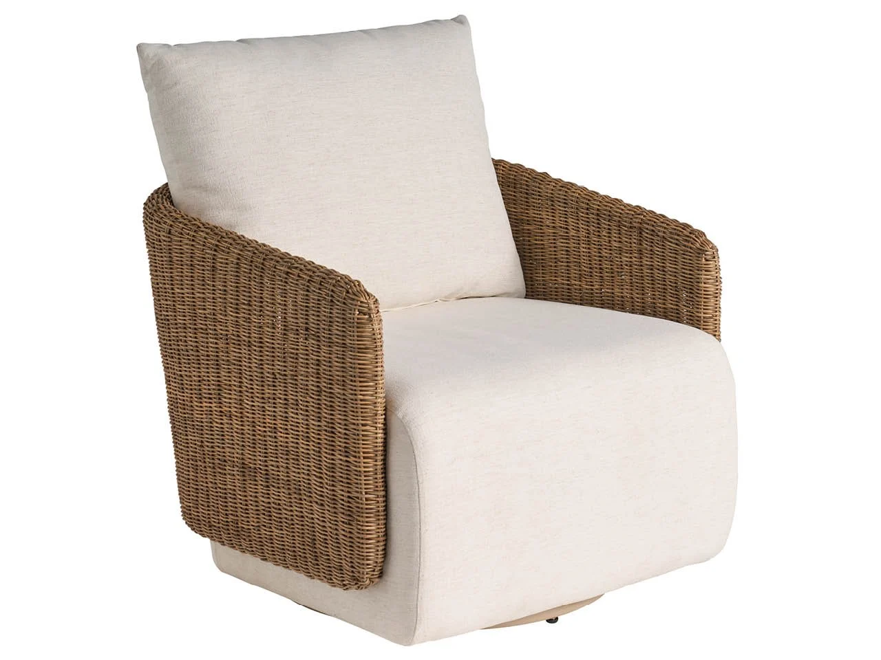 small scale swivel chair in off white fabric with slim woven arms and back