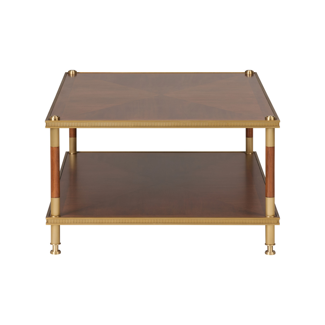 brown wood coffee table with top geometric pattern and brass accents