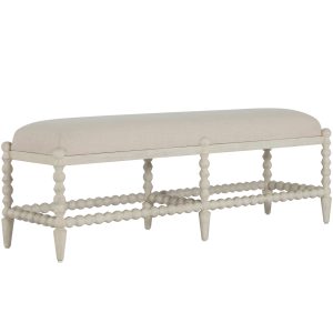 rectangular bench with bobbin style frame and neutral upholstered top