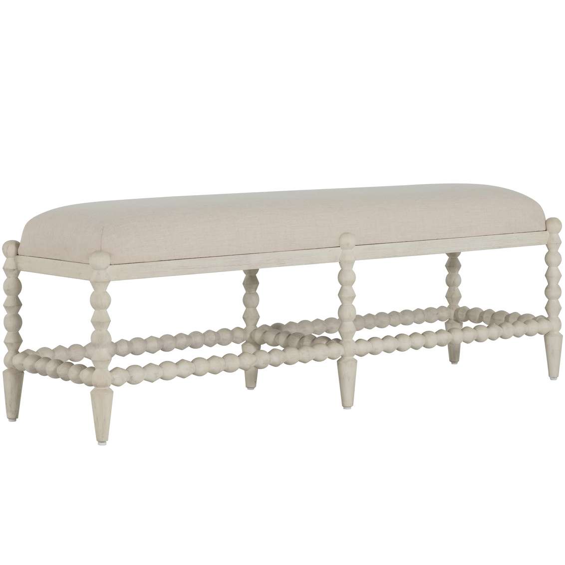 rectangular bench with bobbin style frame and neutral upholstered top