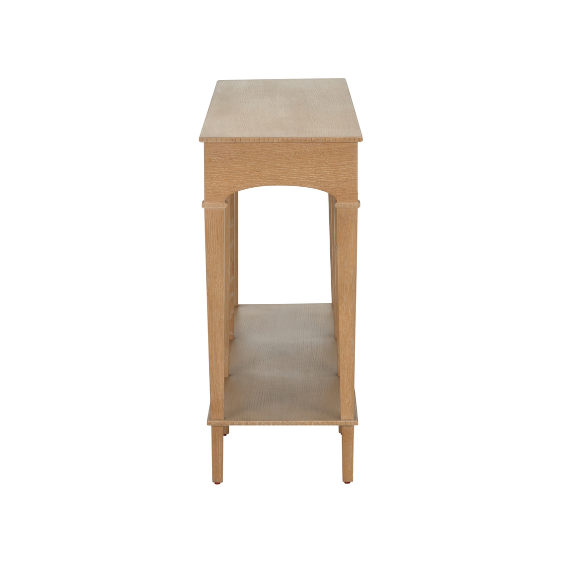 side view of cerused oak console table with subtle beaded trim