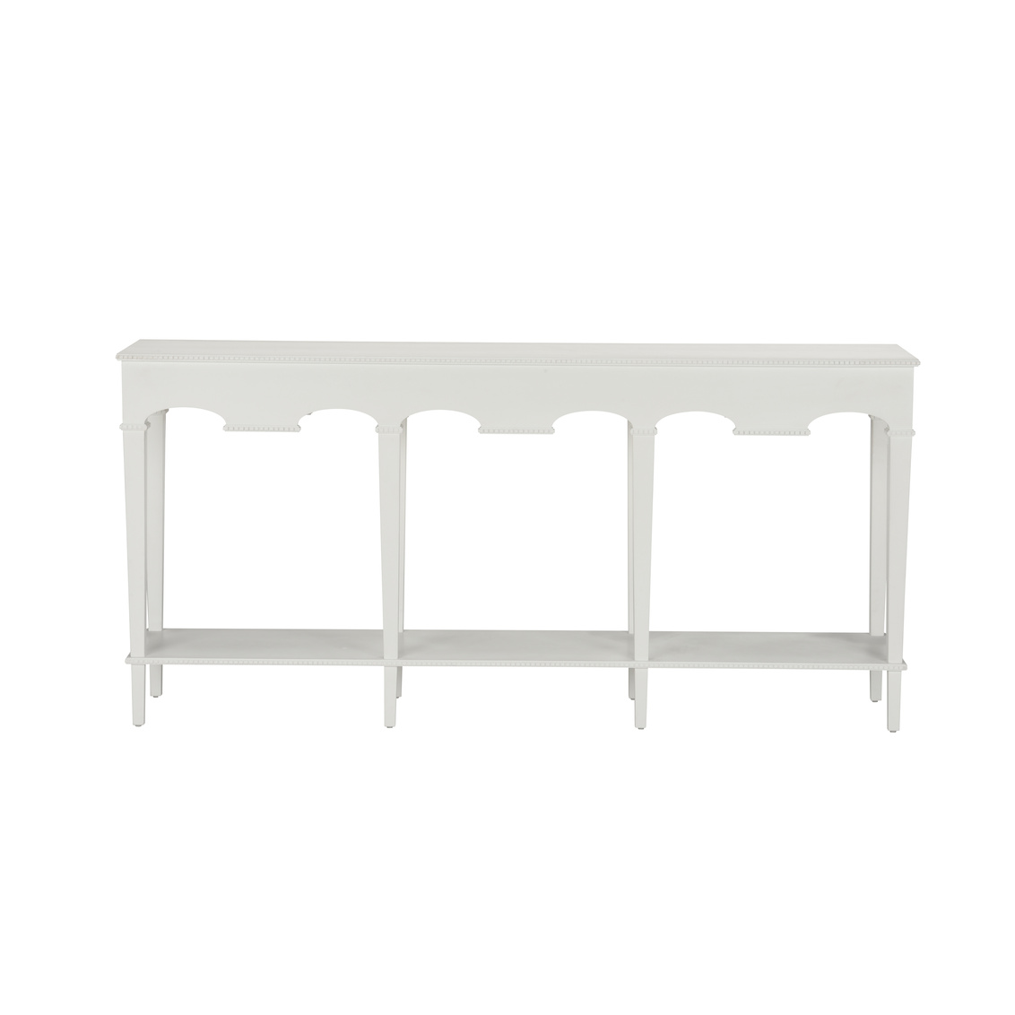 white console table featuring arched detailing, slender legs, and a spacious lower shelf.