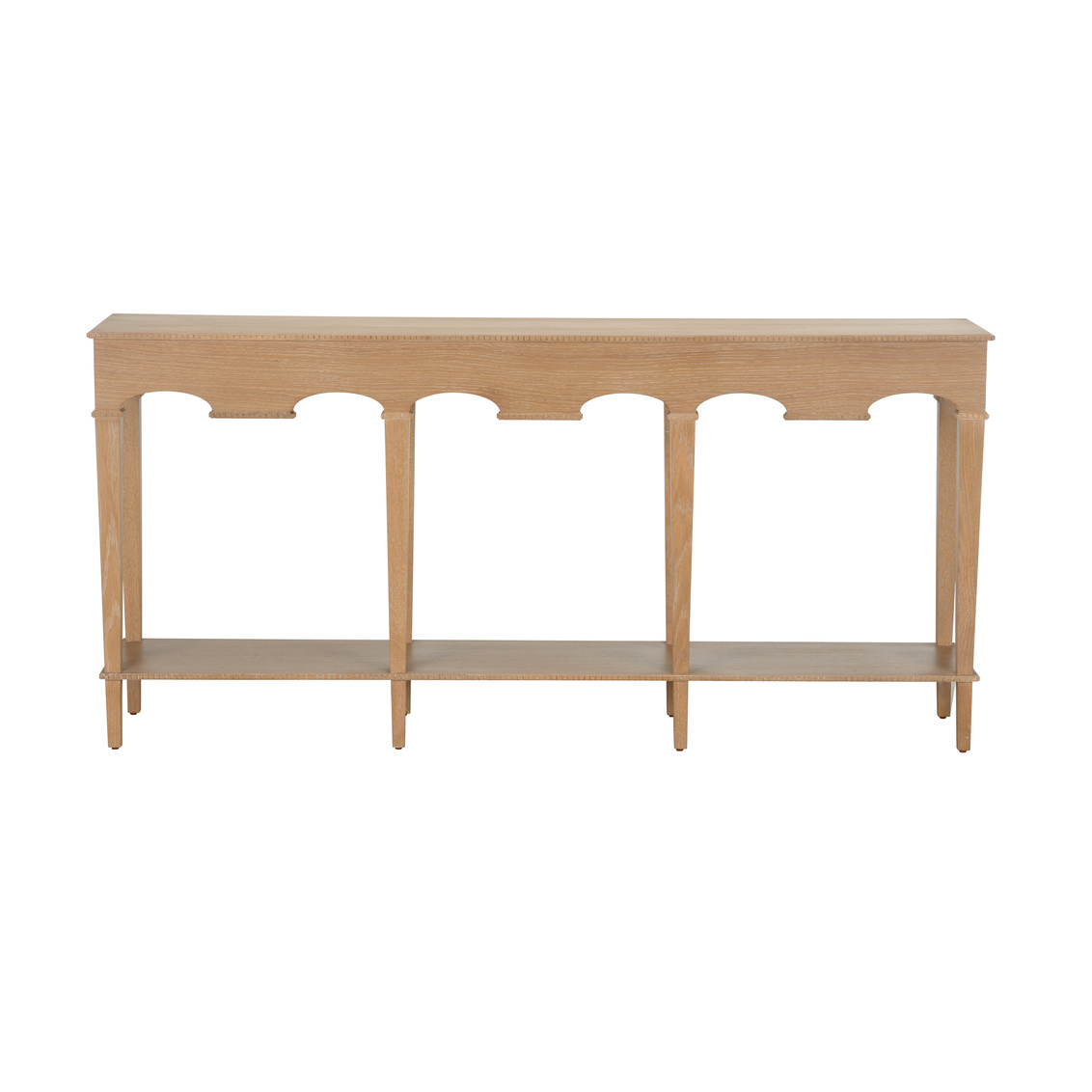 cerused oak console table featuring arched detailing, slender legs, and a spacious lower shelf.