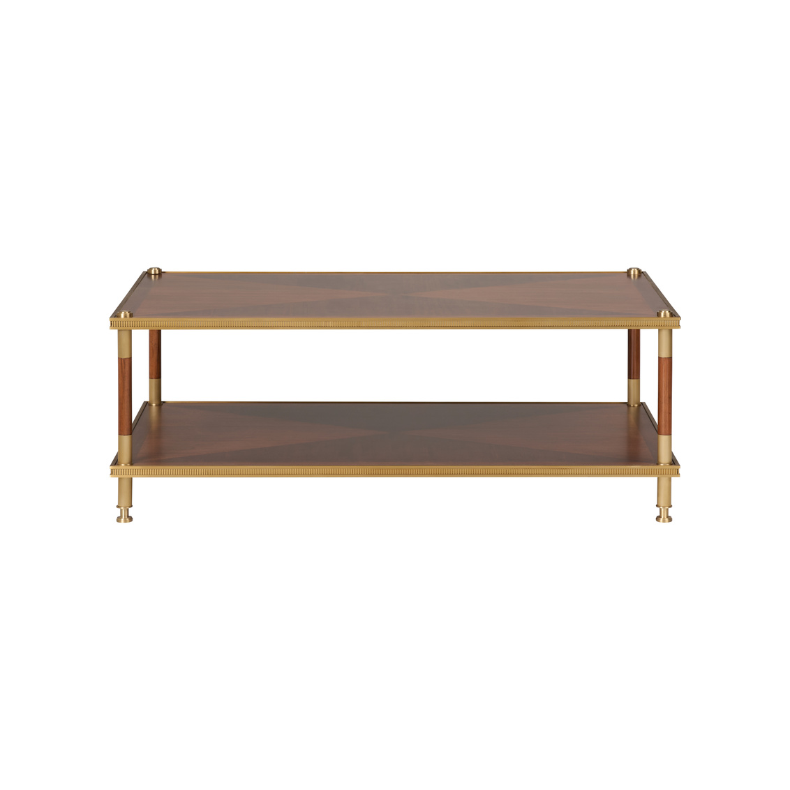 rectangular brown wood coffee table with top geometric pattern and brass accents