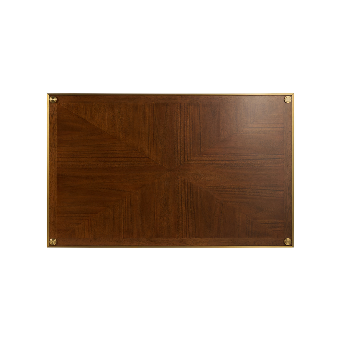 top view of a brown wood coffee table with geometric pattern and brass accents