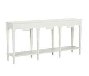 white console table featuring arched detailing, slender legs, and a spacious lower shelf