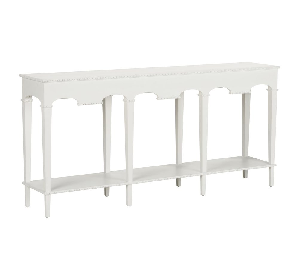 white console table featuring arched detailing, slender legs, and a spacious lower shelf